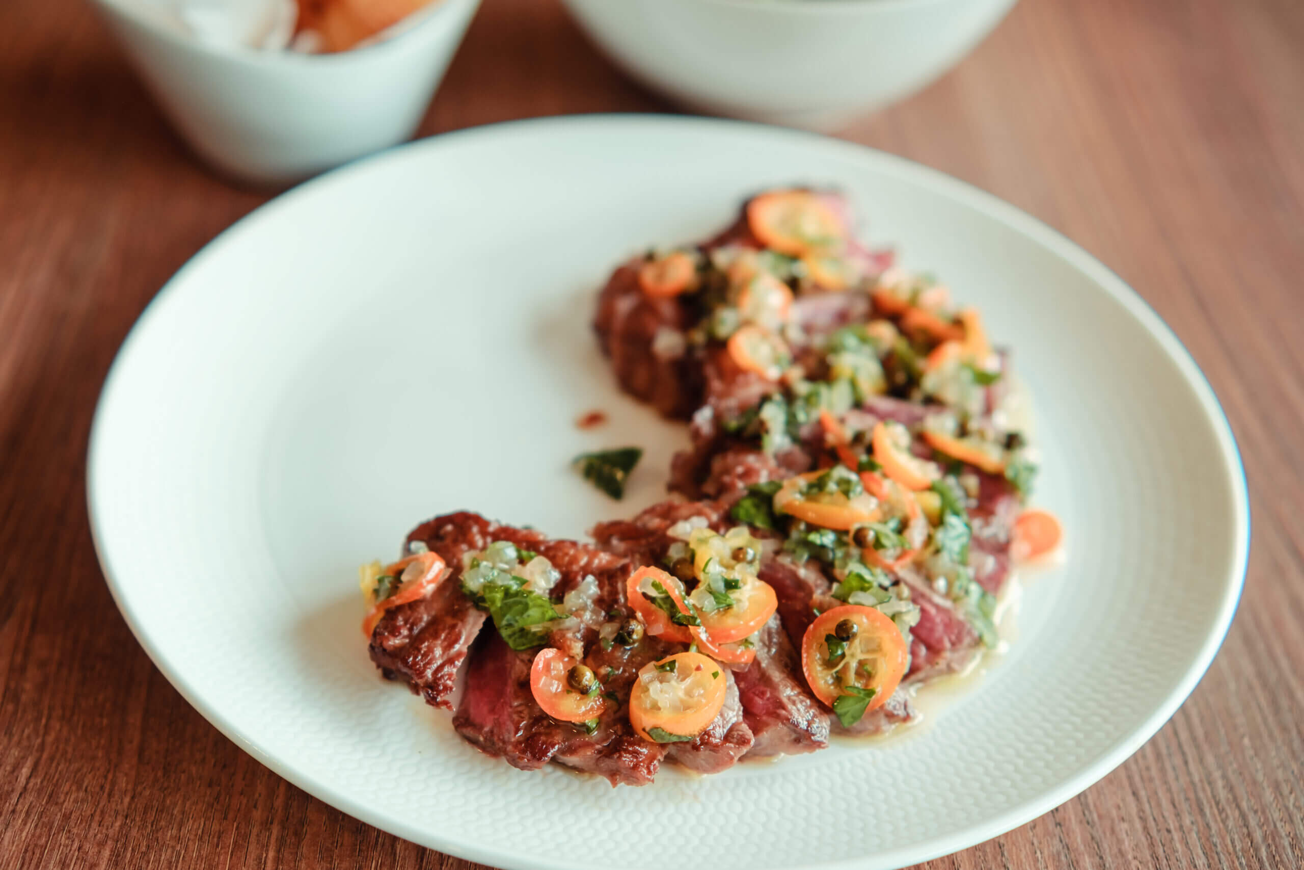 Aussie Wagyu Beef Sirloin, Pickled Kumquat and Green Peppercorn Salsa