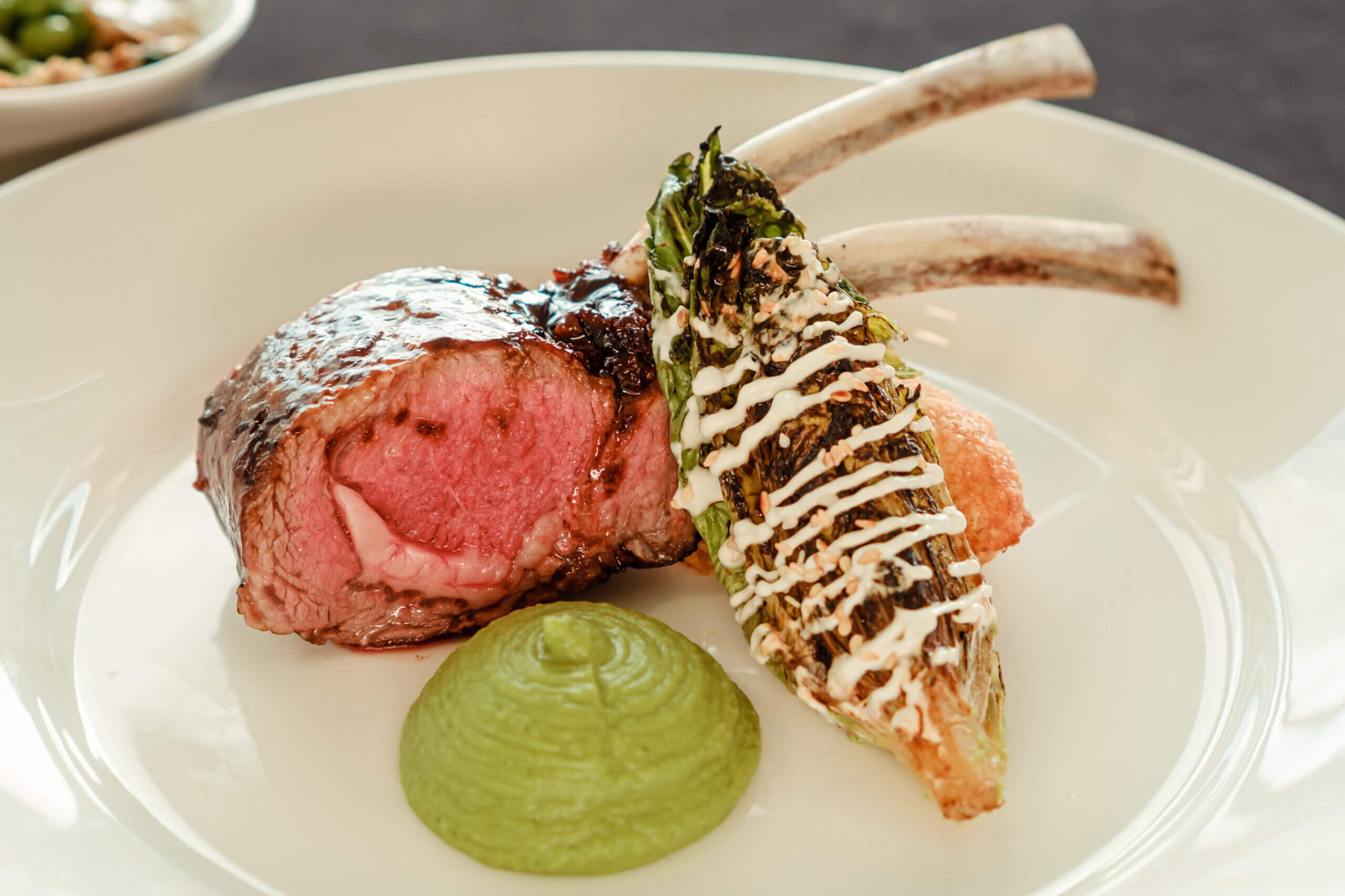 Teriyaki Glazed Aussie Lamb Rack, Pea & Mint Puree, Baby Gem Lettuce