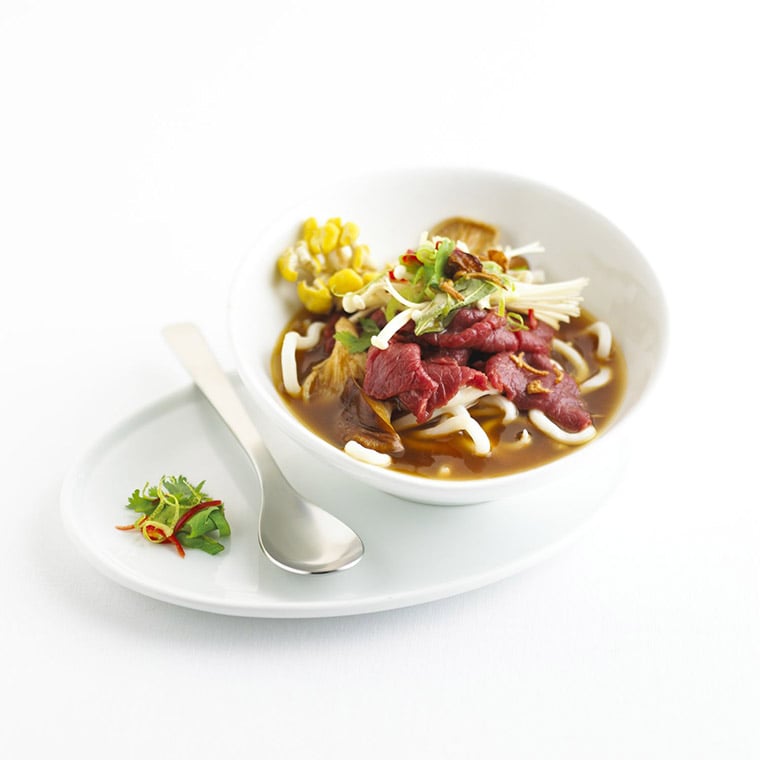 Japanese udon lamb with soy and mushroom broth
