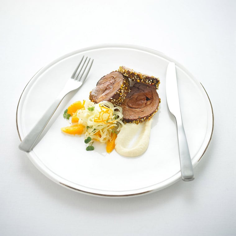 Kasbah lamb with cauliflower puree and shaved orange and fennel salad