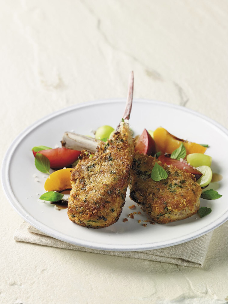 Panko-crusted lamb chops with a summer fruit salad