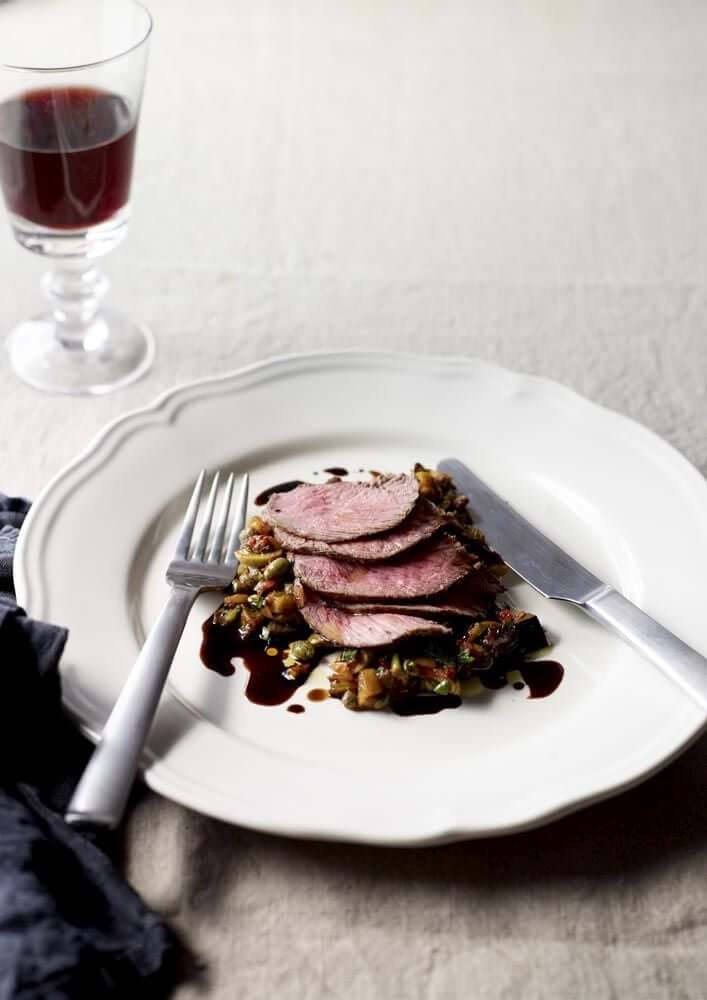 Roast lamb steaks with eggplant caponata