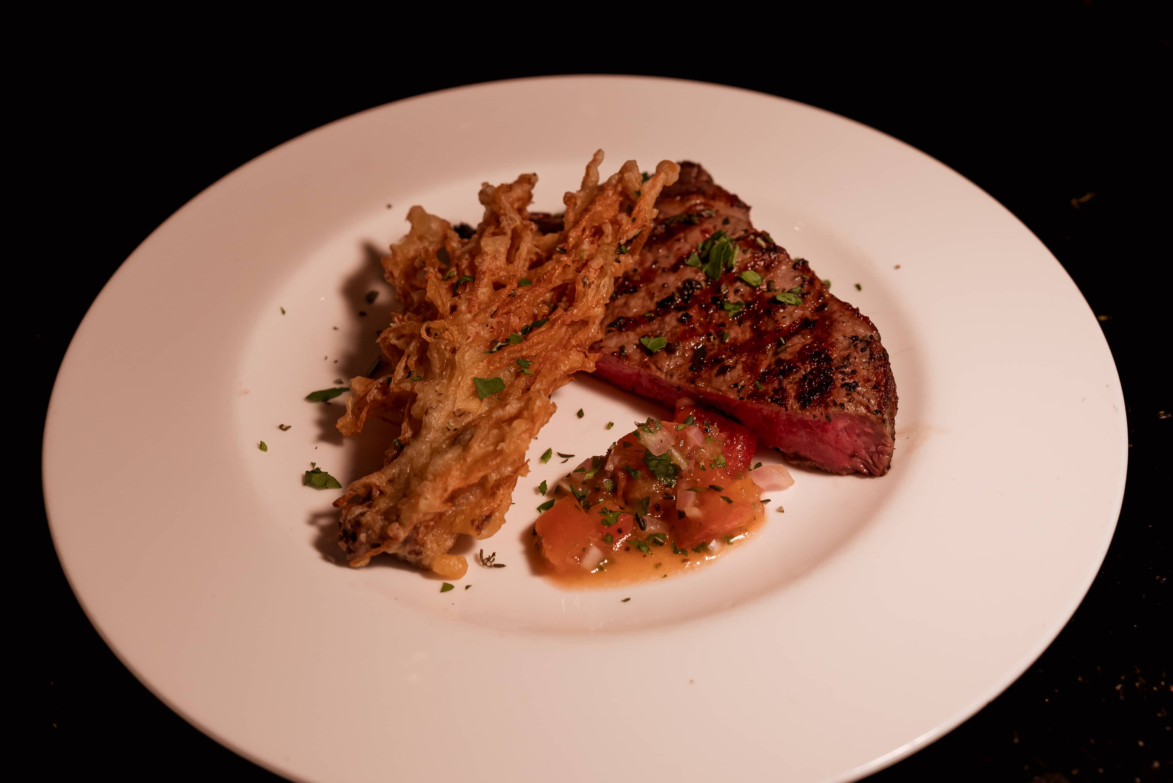 Ribeye Steak, Crispy Enoki Mushroom & Tomato Salsa