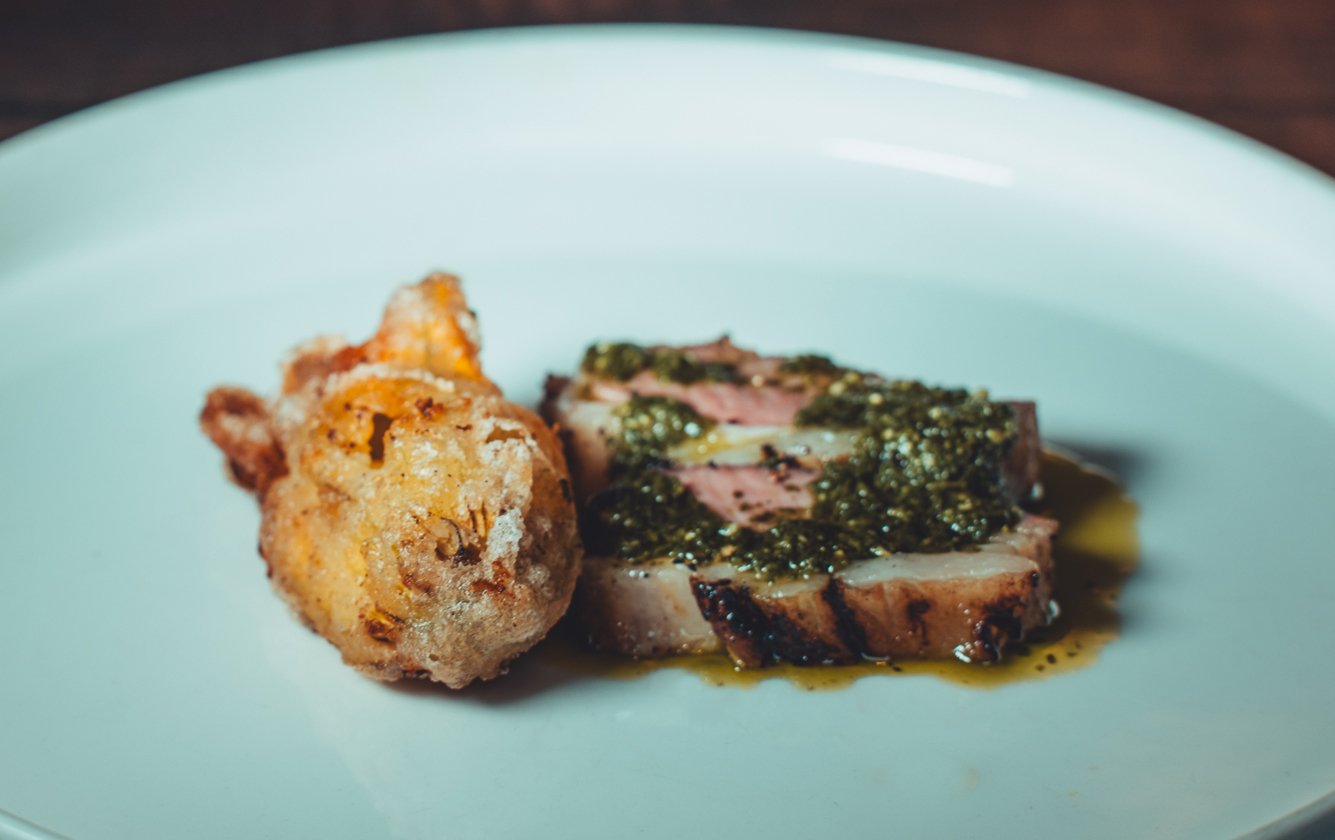 Rack of Lamb, Stuffed Courgette Flower & Garlic Salsa