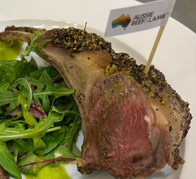 Wattle Seed Crusted Lamb Rack with Coastal Rosemary Jus and Minted Green Salad