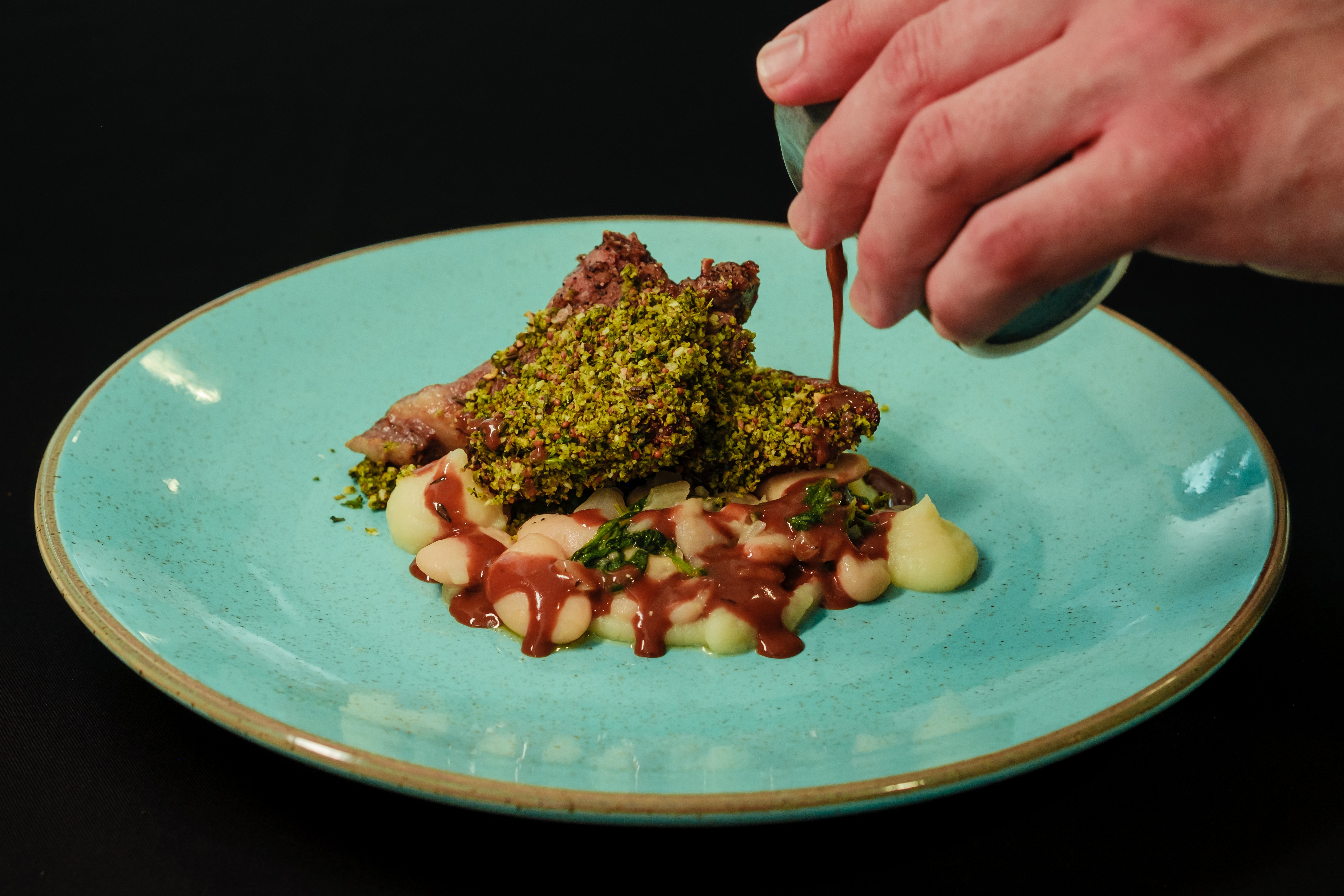 Pistachio Crusted Rack of Lamb, White Beans, Spinach & Parsnip Puree